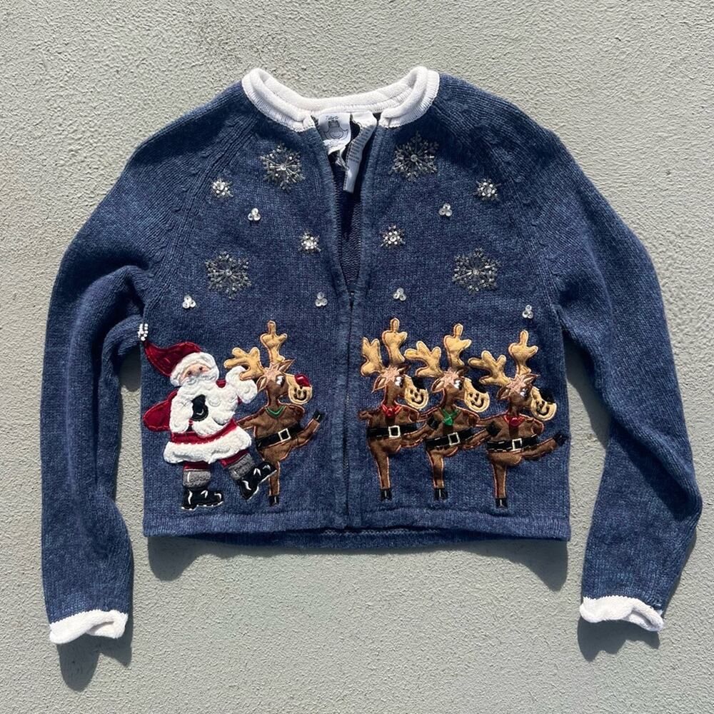 Vintage Santa and Reindeer Tiara Blue Cardigan Ugly Christmas Sweater Size 7